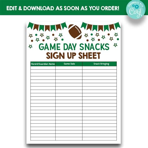 Free Printable Snack Sign Up Sheet Football