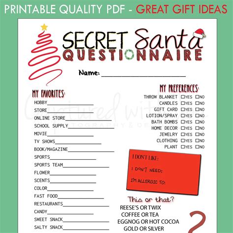 Free Printable Work Gift Exchange Secret Santa Questionnaire