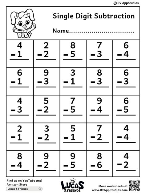 Free Printable Worksheets Subtraction Column One Digit From One Digit