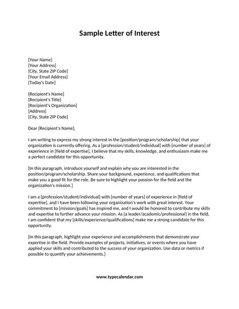 Free Sample Letter Of Interest Template