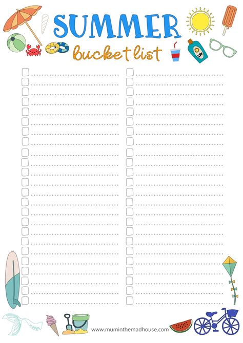 Free Summer Bucket List Printable