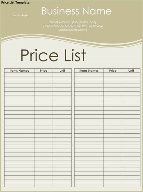 Free Templates For Price List
