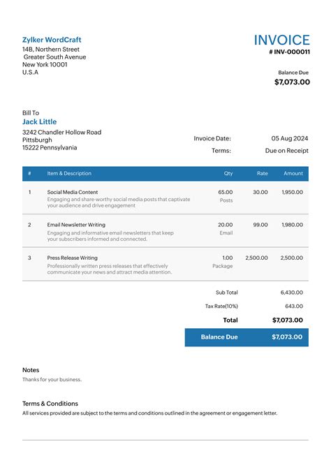 Freelance Writer Invoice Template