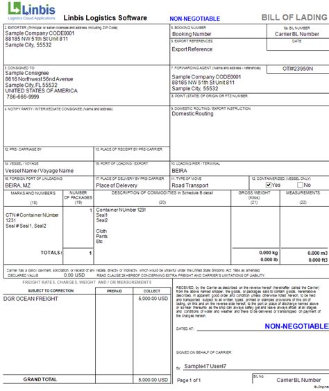 Freight Bill Of Lading Template
