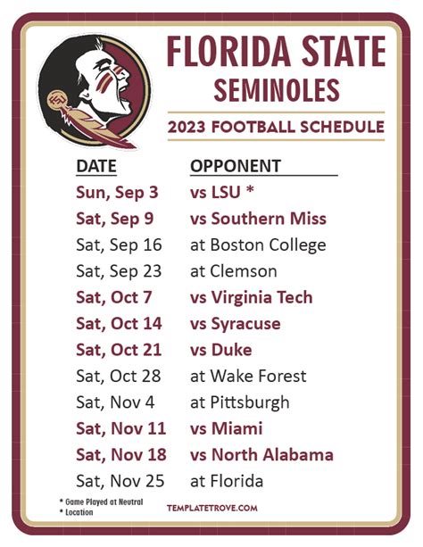 Fsu Football Printable Schedule