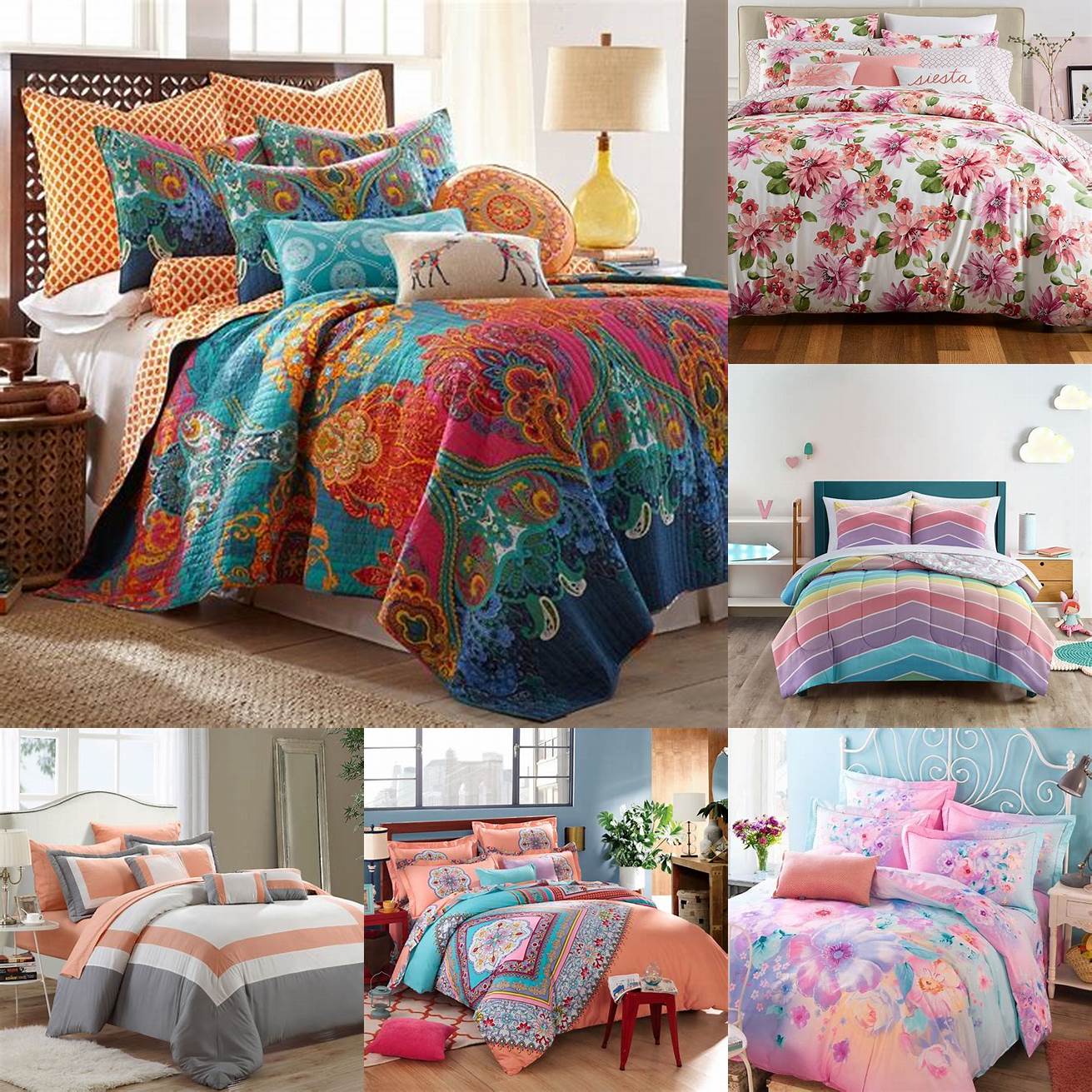 Full-sized bed with colorful bedding