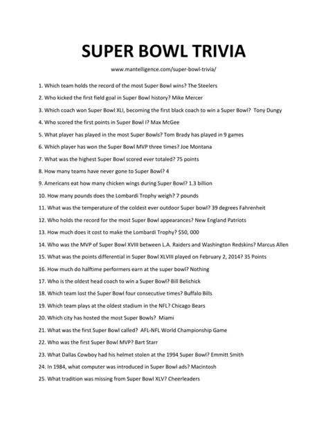 Fun Super Bowl Trivia Questions And Answers Printable