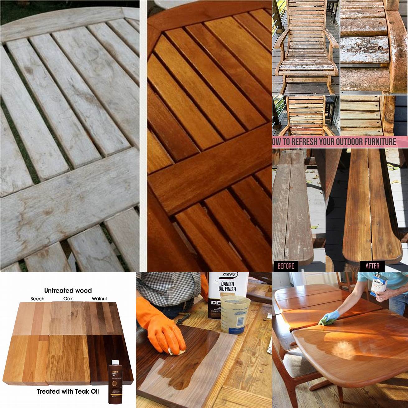 Furniture before and after being treated with teak wood oil