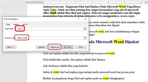 Gambar Cara Mengubah Teks tertentu dengan fitur Replace dalam Microsoft Word