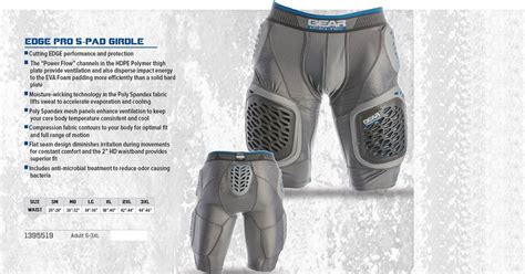 Gear Pro-tec 5-pad Girdle Size Chart