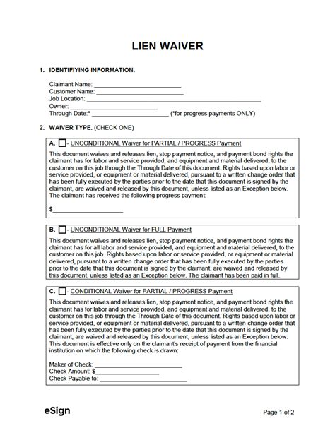 Generic Printable Lien Waiver Form