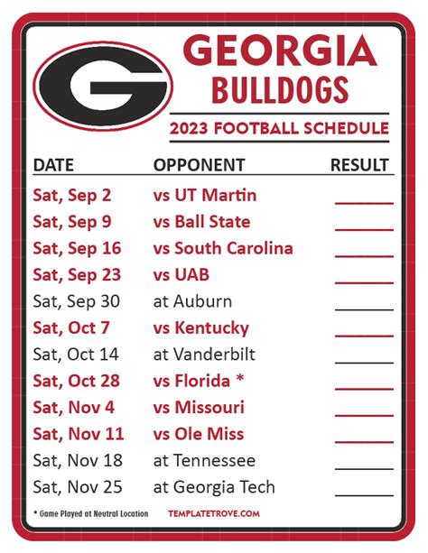 Georgia Football Schedule Printable