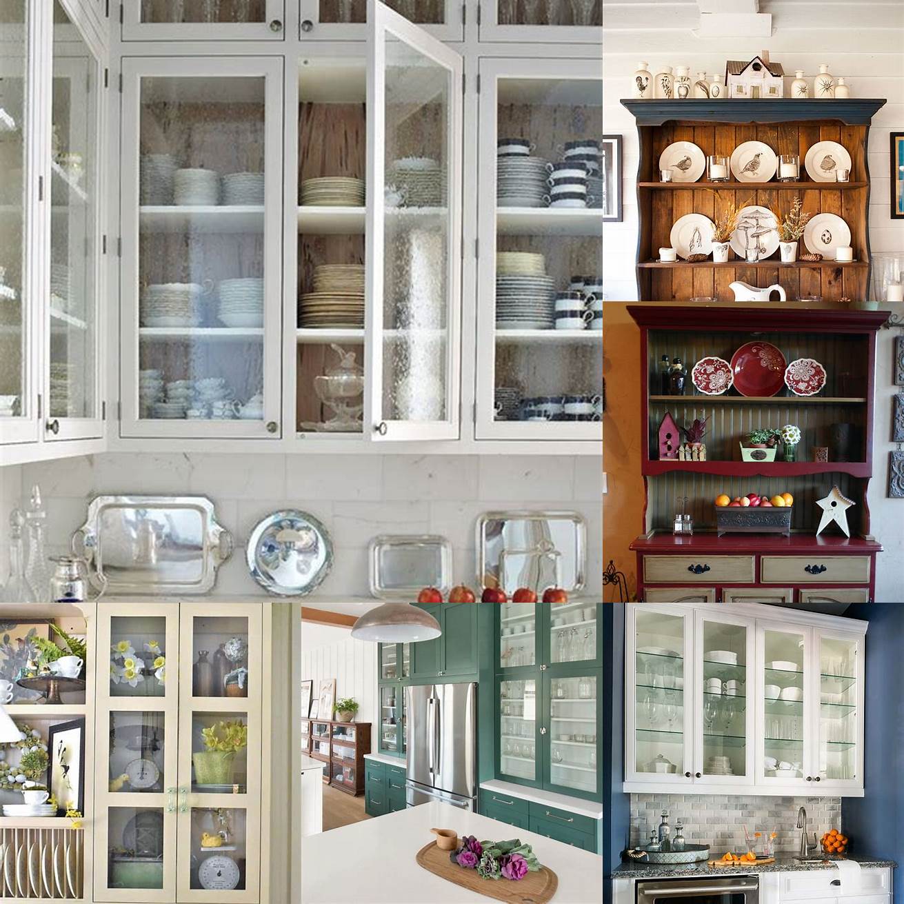 Glass-fronted hutch with colorful dishware