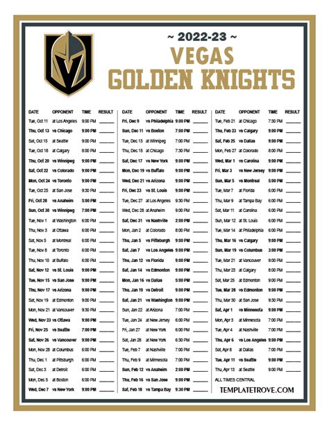 Golden Knights Printable Schedule