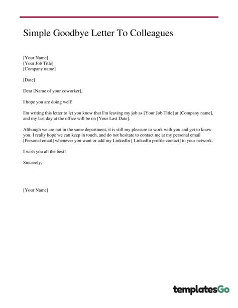 Goodbye Letter To Coworkers Template