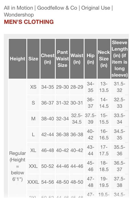 Goodfellow T Shirt Size Chart