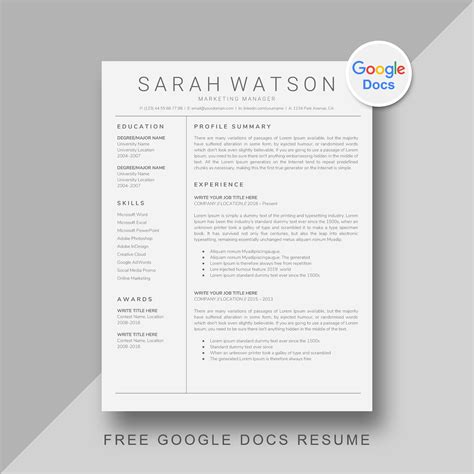 Google Docs Resume Template Free Download