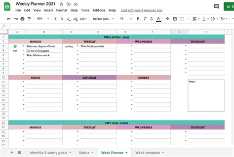 Google Sheet Weekly Planner Template