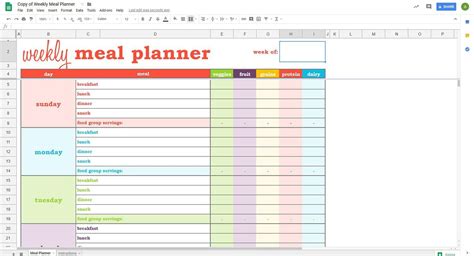 Google Sheets Meal Plan Template