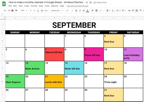 Google Sheets Monthly Schedule Template