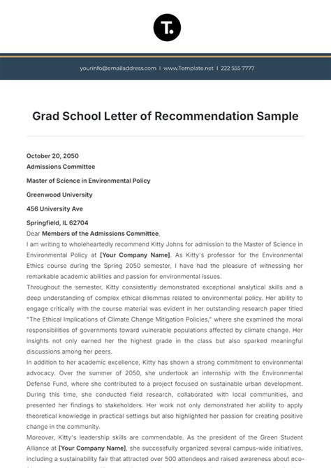 Grad School Recommendation Letter Template