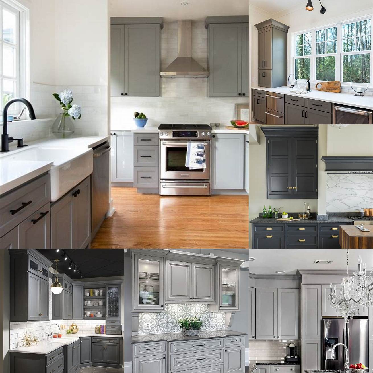 Gray kitchen cabinets with black hardware and fixtures