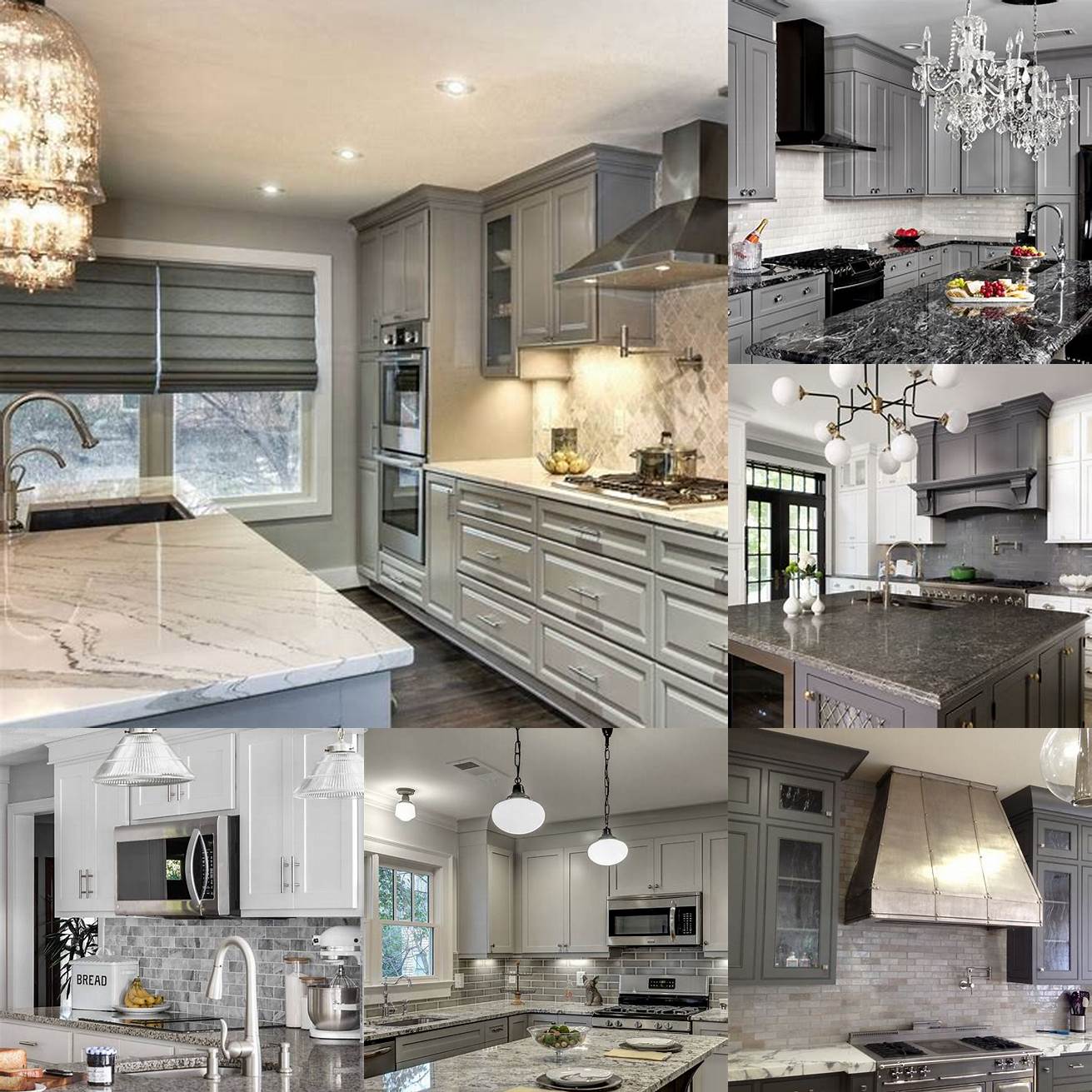 Gray kitchen cabinets with marble countertops and backsplash