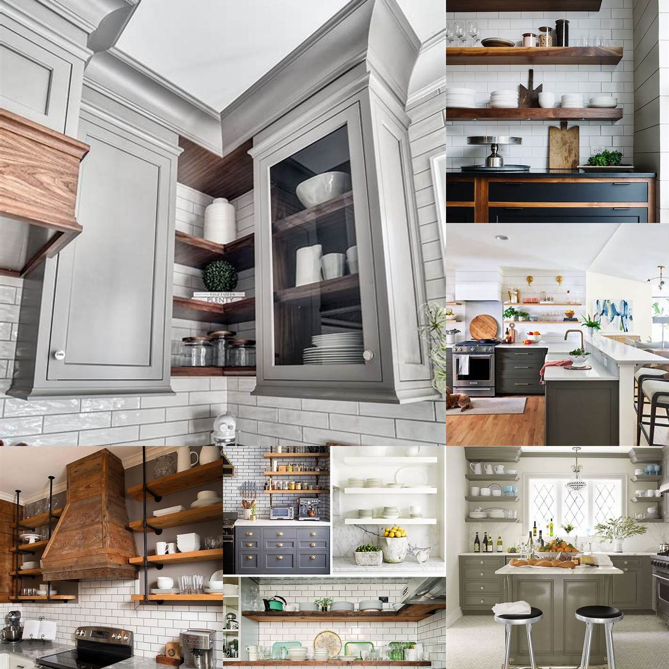 Gray kitchen cabinets with open shelving