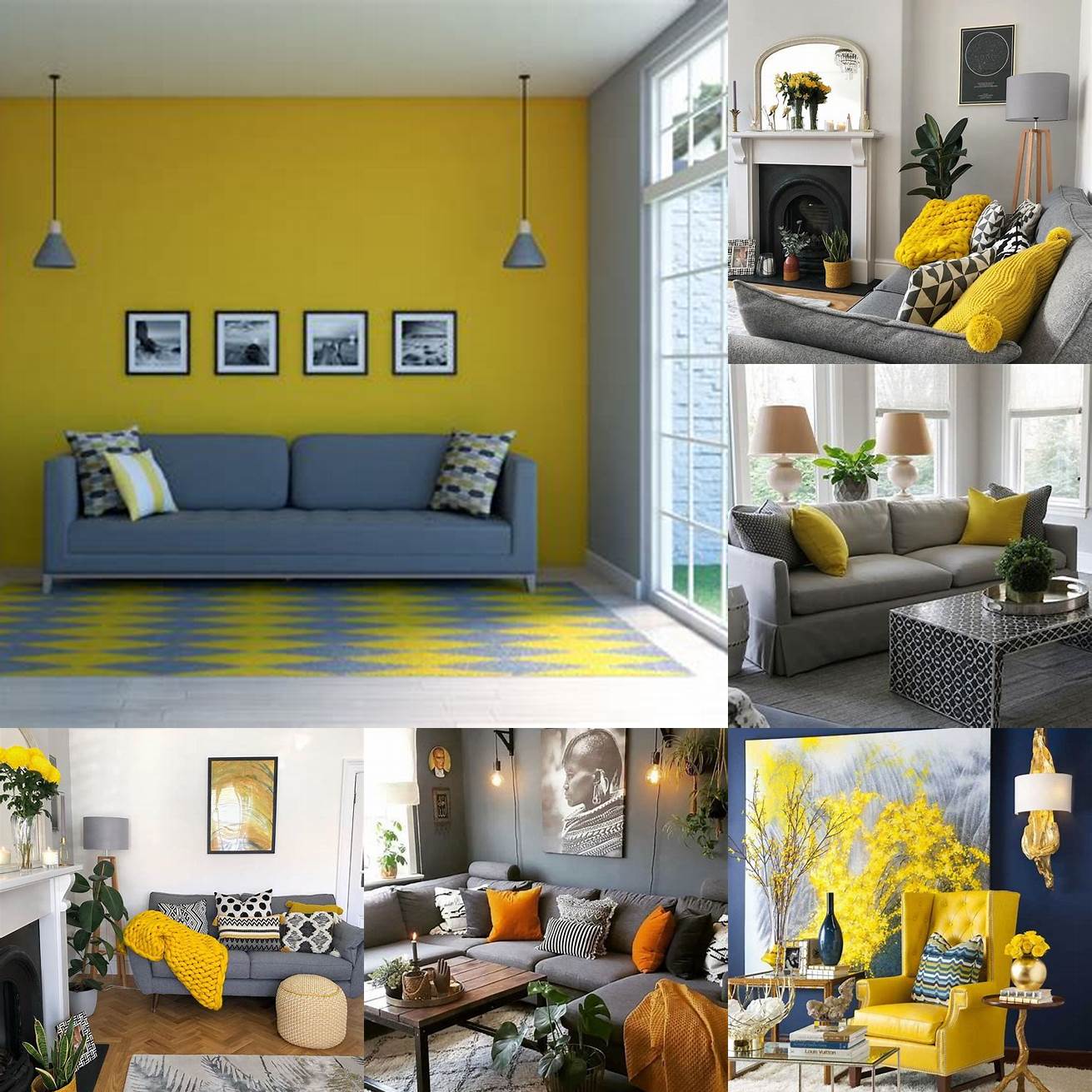 Gray walls with yellow accent pillows and artwork