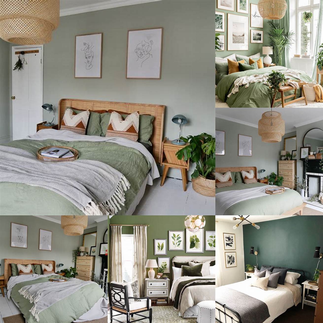 Green walls with white bedding and natural wood accents
