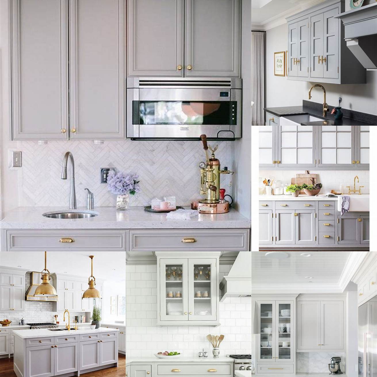 Grey cabinets with brass hardware