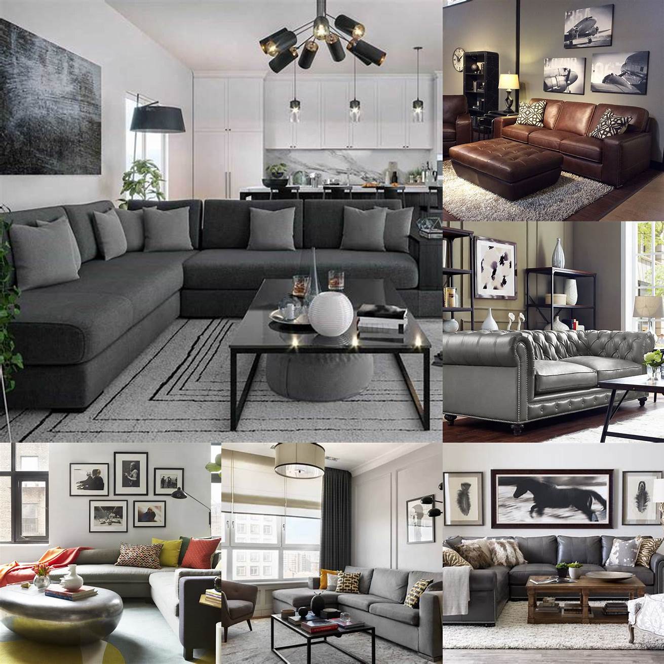 Grey leather sofa with wall art