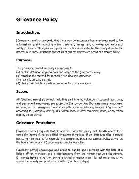 Grievance Policy Template