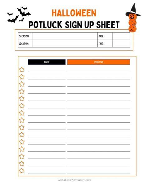 Halloween Potluck Sign Up Sheet Template Free Printable