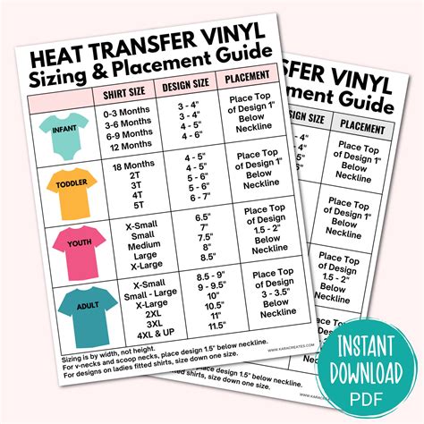 Heat Transfer Vinyl Sizing Chart