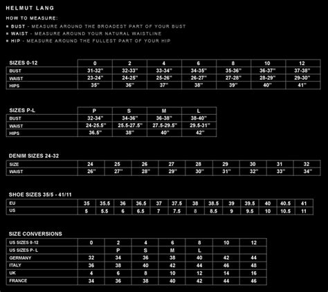 Helmut Lang Sizing Chart
