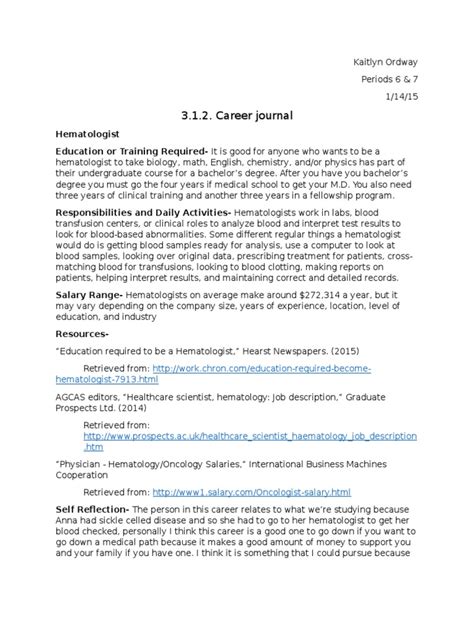 Hematologist Career Journal