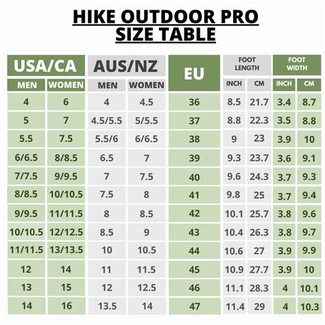 Hike Shoe Size Chart