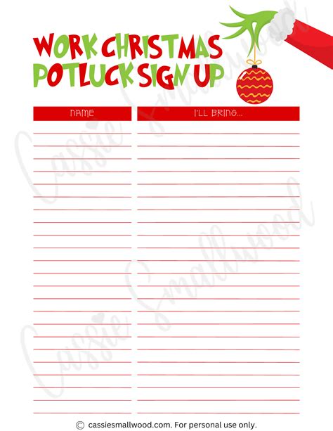 Holiday Pot Luch Sign Up Sheet Templates Free