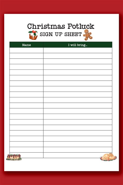 Holiday Potluck Sign Up Sheet Template Free