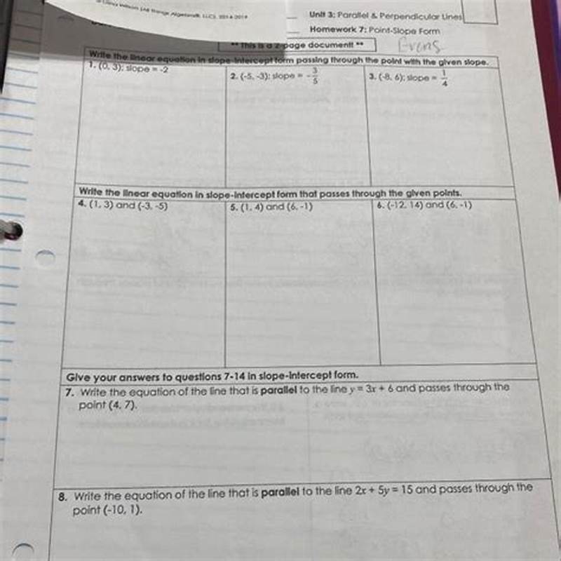 Homework 7 Point Slope Form Answer Key