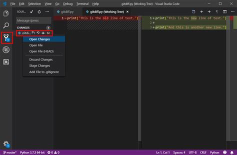 How can I see git diff on the Visual Studio Code side-by-side file