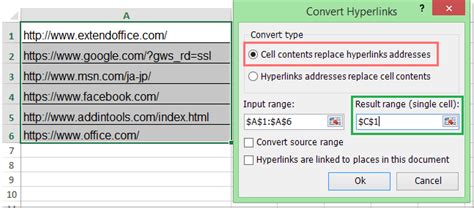 How do I convert a column of text URLs into active hyperlinks in Excel