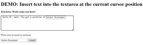 How to insert text into the textarea at the current cursor position