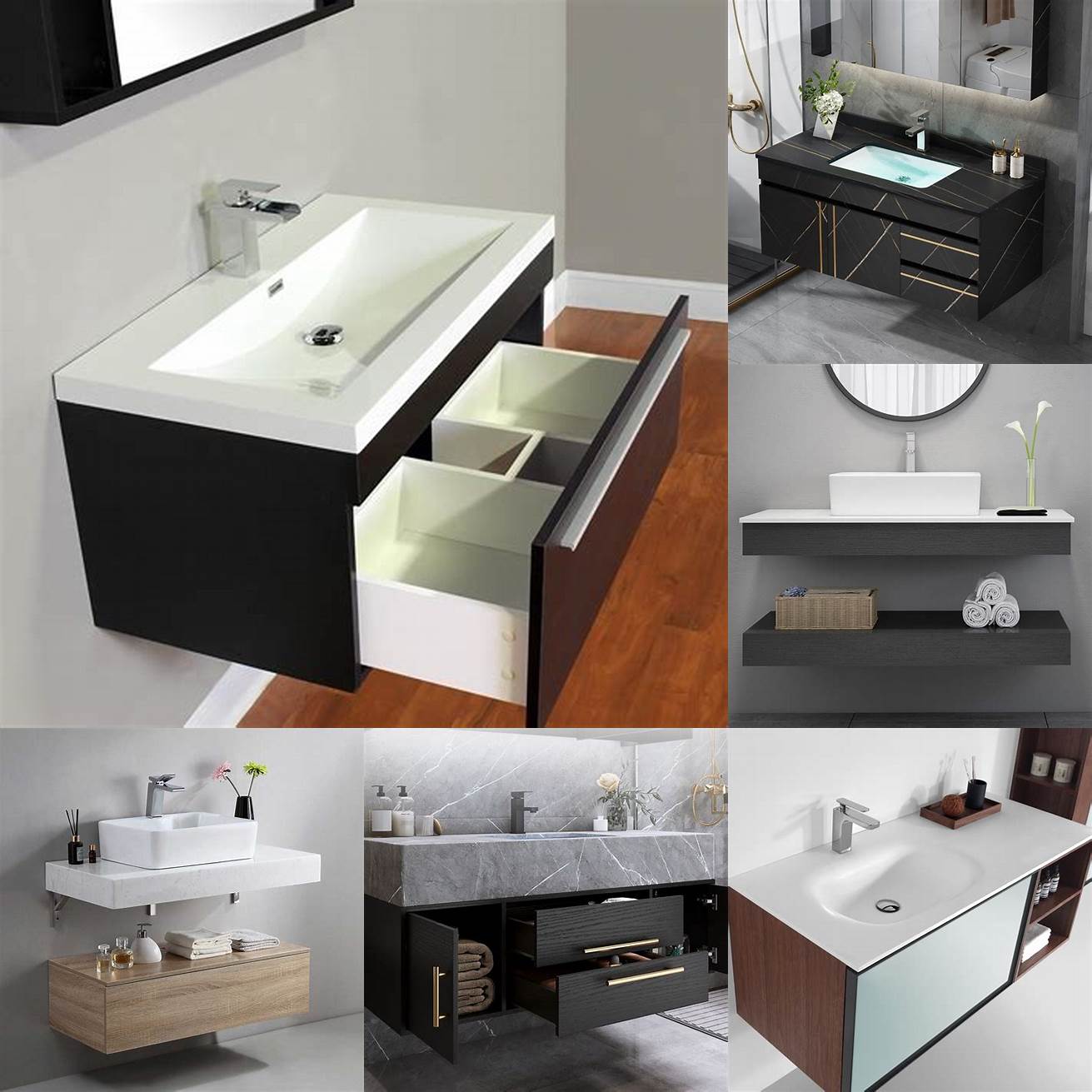 Image 1 A sleek and modern wall mounted vanity with a white countertop and black drawer fronts