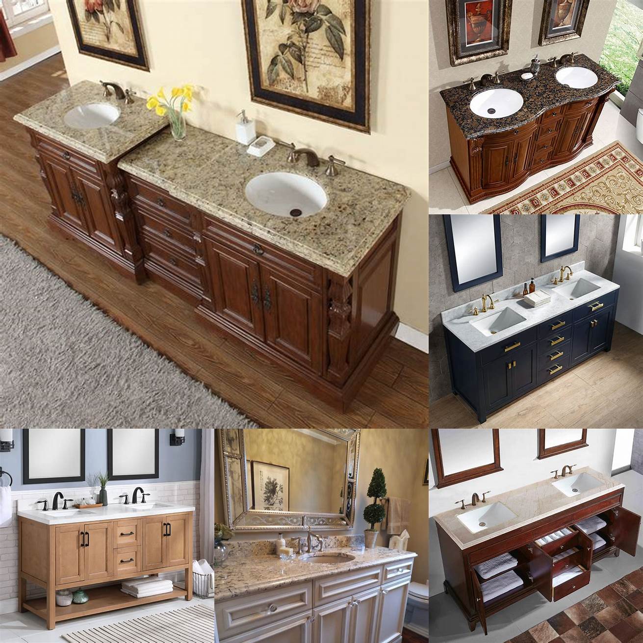 Image A double sink vanity with wooden cabinets and granite countertop