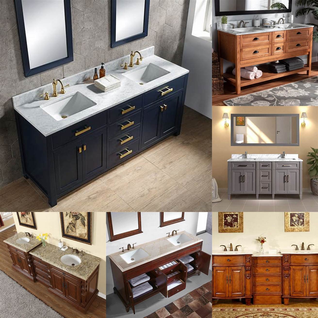 Image A double sink vanity with wooden cabinets and marble countertop