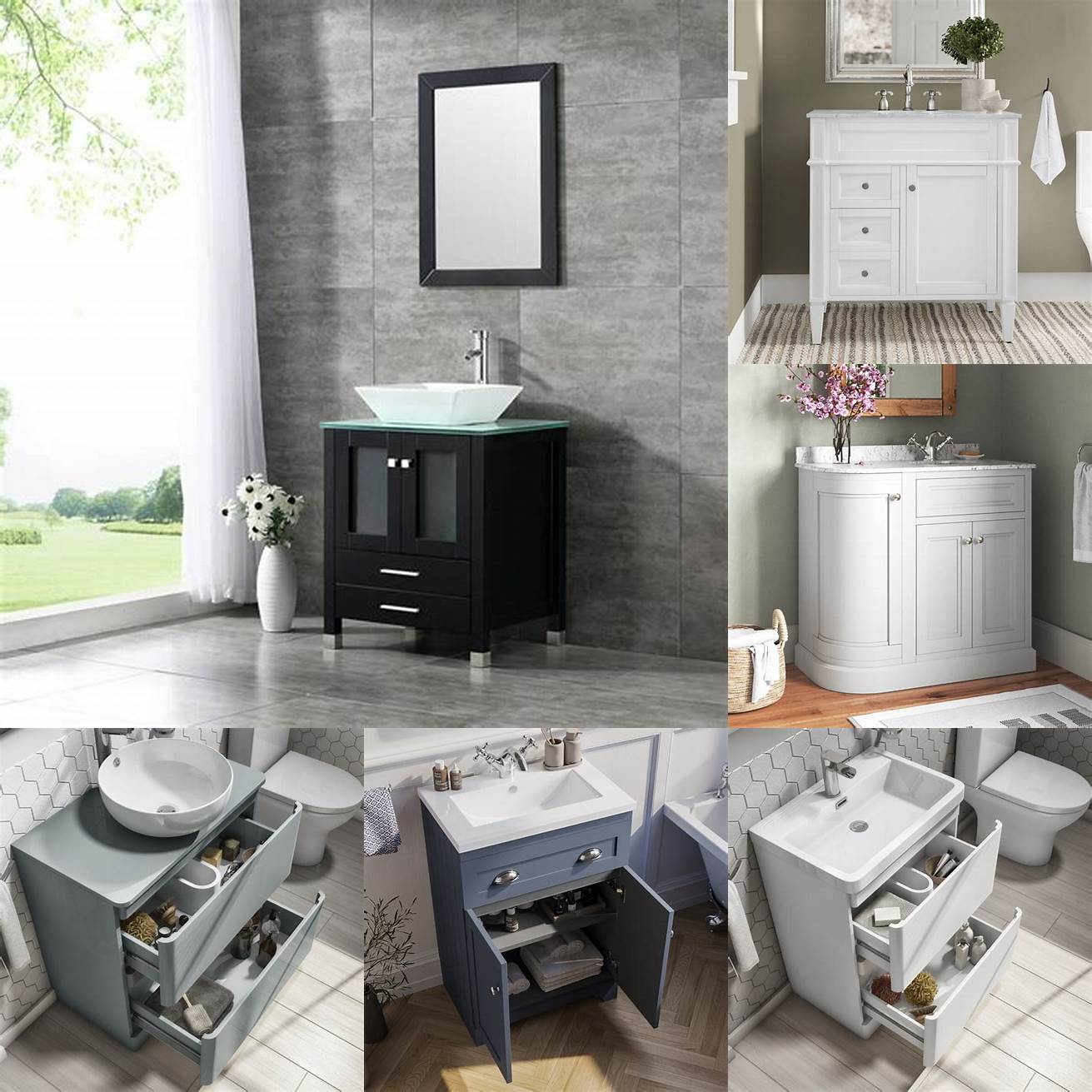 Image A freestanding vanity with drawers and glass countertop