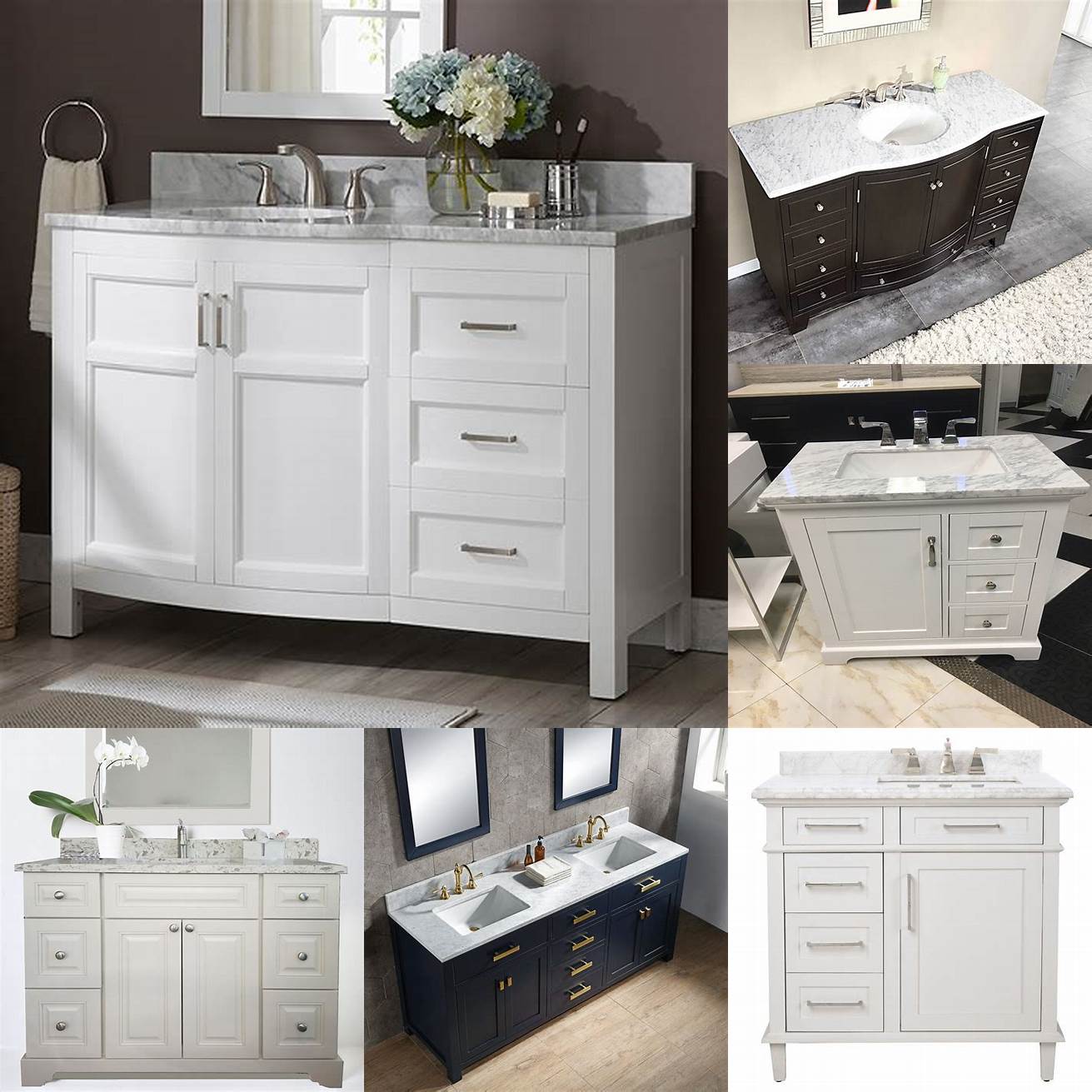 Image A vanity with drawers and marble countertop