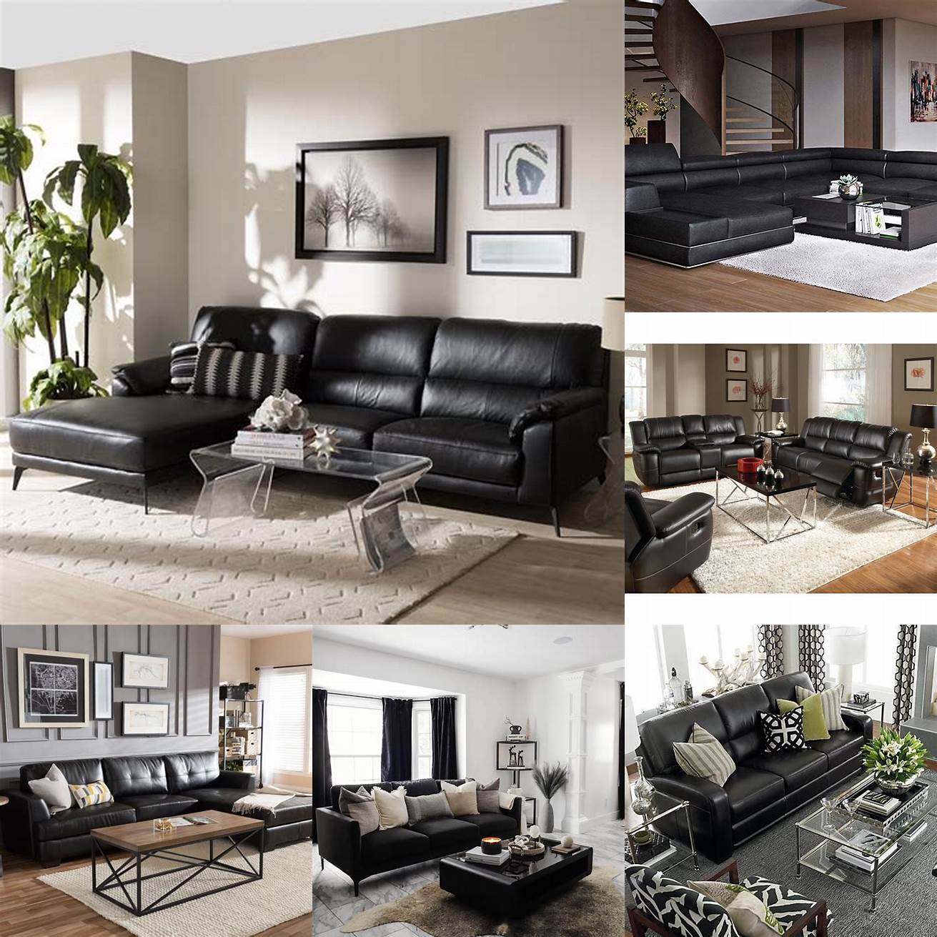 Image Idea 4 A modern living room with a black leather sofa with chaise